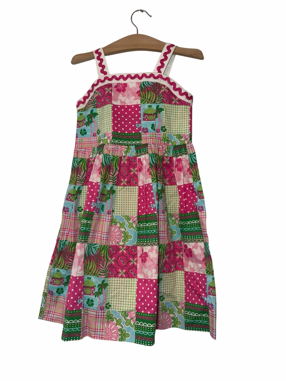 Hartstrings Pink & Green Patchwork Hawaiian floral check print Sundress sz 5